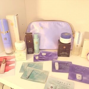 Tatcha skincare set w/bag- Dewy mist, essence, silk peony, deep cleanse, primer